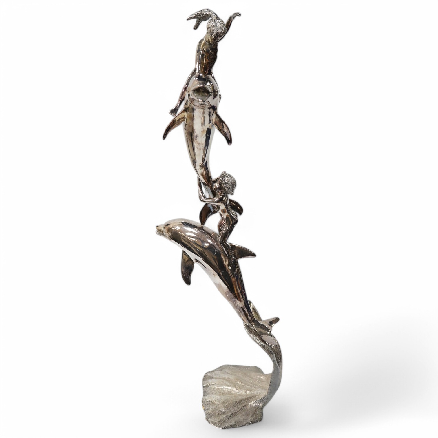 After James Osborne. A modern large cast silver figural group depicting children upon dolphins, Lunts Castings Ltd, Birmingham, 1992, height 55.3cm, 90.7oz. Condition - good